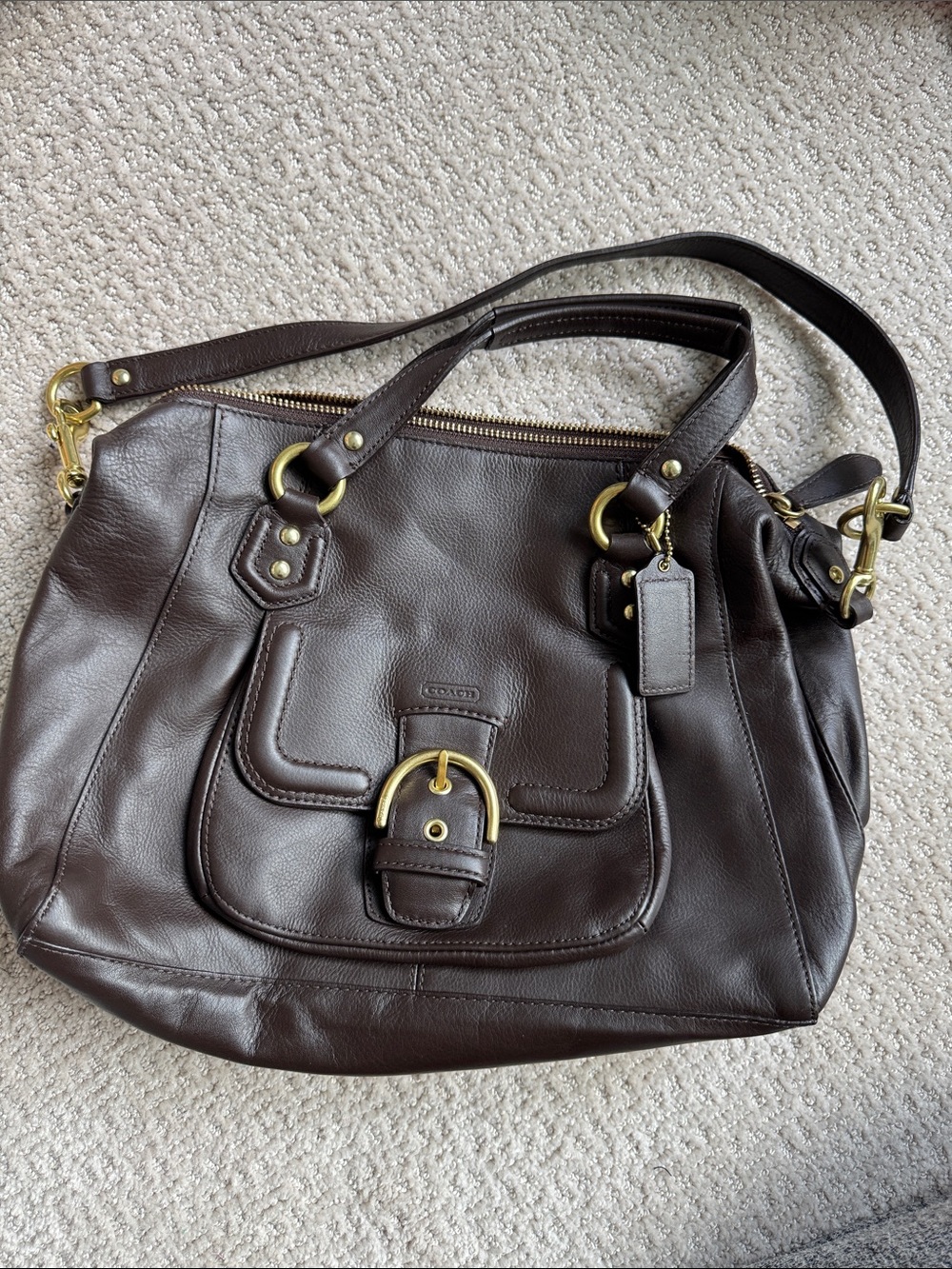 Coach Dark Brown Leather Shoulder Tote with Gold-Tone Hardware